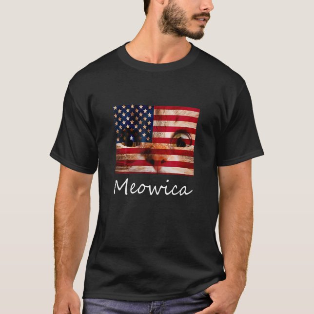 Camiseta Meowica Cat 4 H De Julho América Bandeira Dos Eua (Frente)