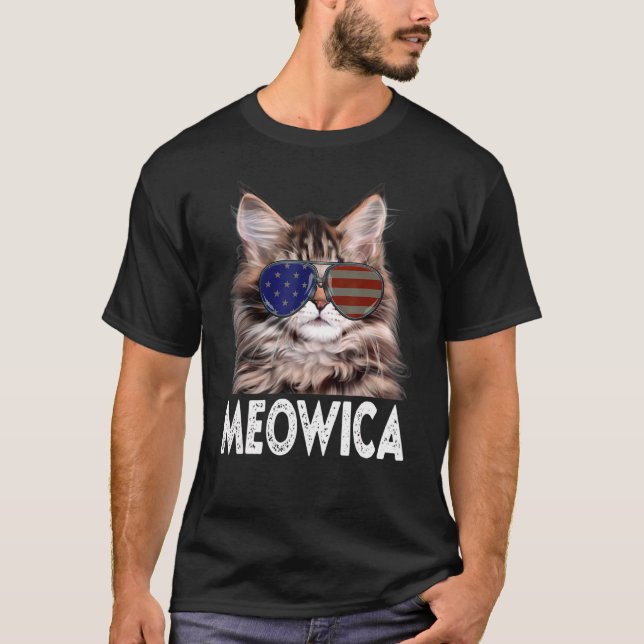 Camiseta Meowica Cat American Flag 4 De Julho Merica Usa (Frente)