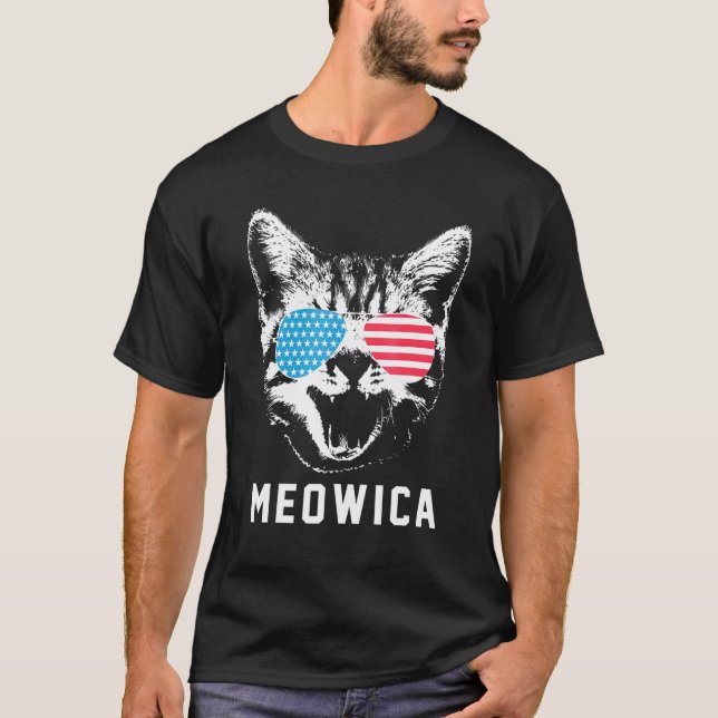 Camiseta Meowica Cat Animals Sunglasses American Flag 4th O (Frente)