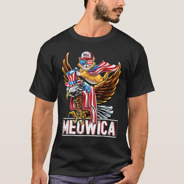 Camiseta Meowica Cat Bald Eagle 4 De Julho Patriótico Ameri (Frente)