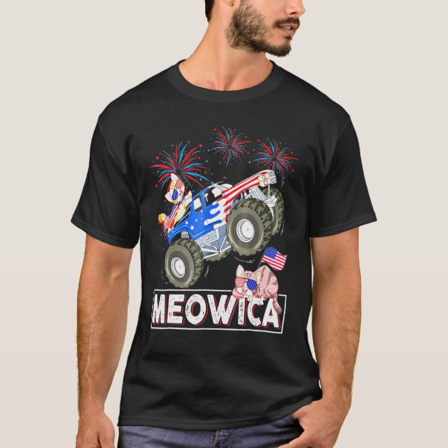Camiseta Meowica Cat Monster Drick American Flag 4t (Frente)