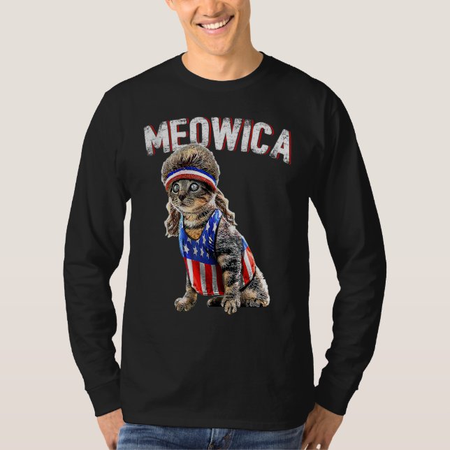 Camiseta Meowica Cat Mullet American Flag Patriótica 4º (Frente)