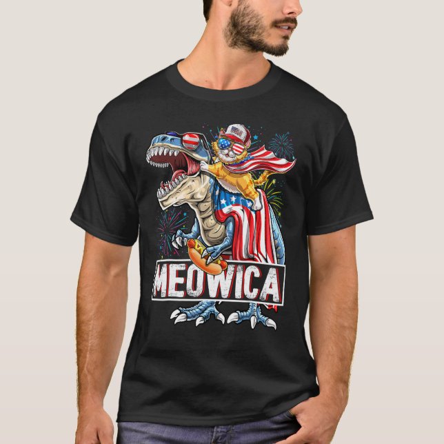 Camiseta Meowica Cat Rex Dinosaur 4 De Julho Bandeira Ameri (Frente)