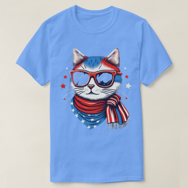 Camiseta meowica cat Sunglass bandeira americana 4 de julho (Frente do Design)