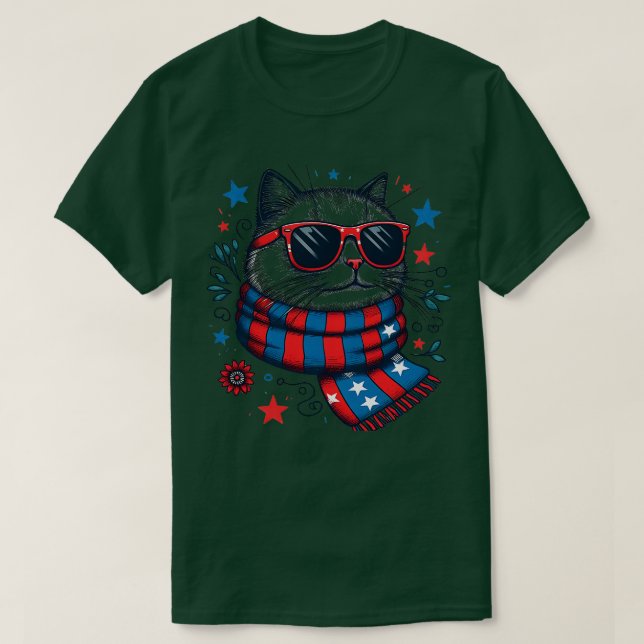 Camiseta meowica cat Sunglass bandeira americana 4 de julho (Frente do Design)