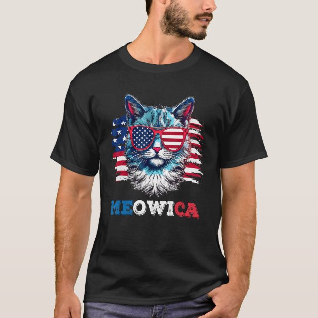 Camiseta Meowica Cat Sunglasses American Flag USA Cat 4th o (Frente)