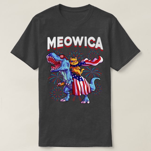 Camiseta Meowica Cat TRex Funny 4 de julho Crianças Meninas (Frente do Design)