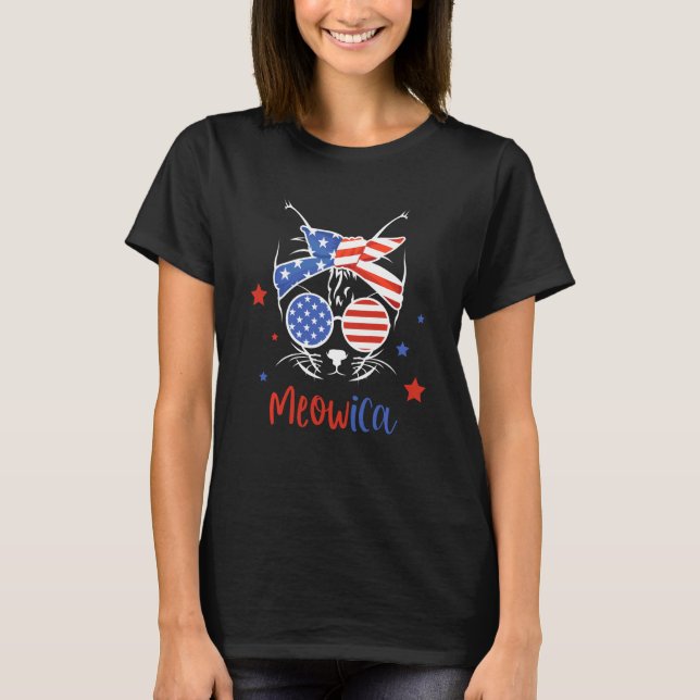 Camiseta Meowica Gata com Bandeira Americana Óculos de sol  (Frente)