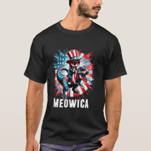 Camiseta Meowica Gato Montando T Rex Dinossauro Bandeira do