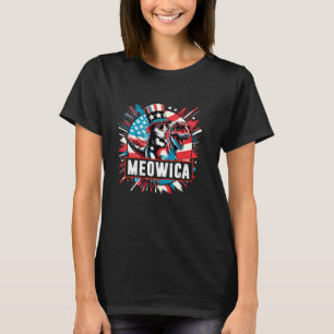 Camiseta Meowica Gato Montando T Rex Dinossauro Bandeira do