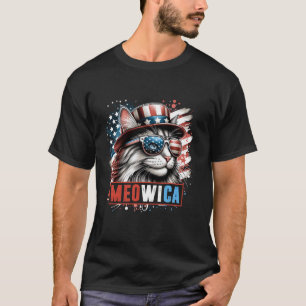 Camiseta Meowica Gato Óculos de Sol Bandeira Americana Patr
