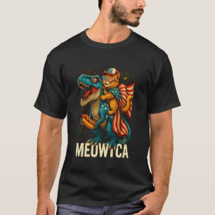 Camiseta Meowica Gato T-rex Dinossauro 4 de Julho Bandeira