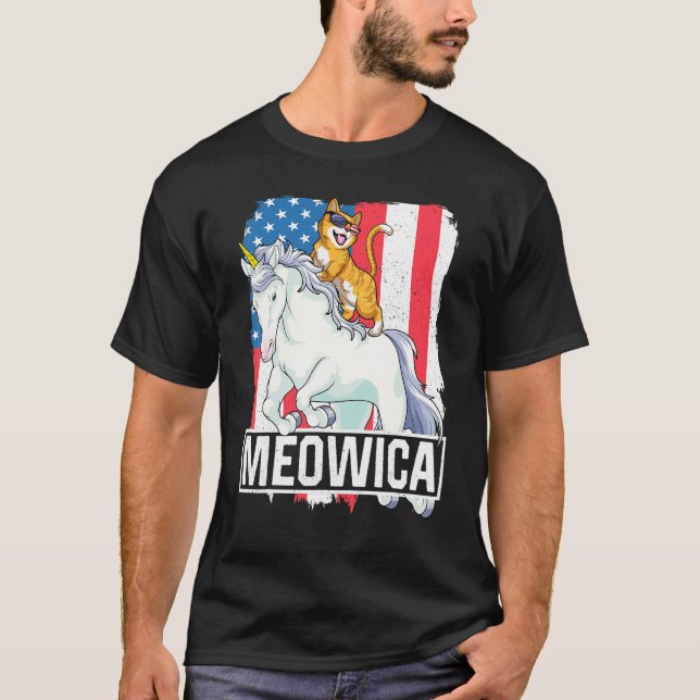 Camiseta Meowica Unicórnio Gato 4 De Julho Patriótico Ameri (Frente)