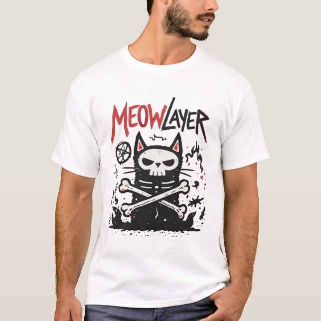 Camiseta Meowlayer Cat Metal Doodle Illustration (Frente)