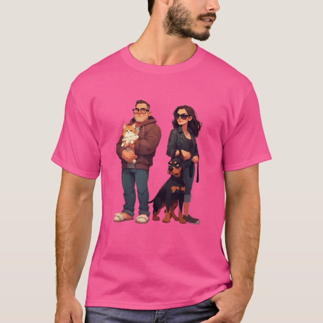 Camiseta Meows & Muscle – Funny Cat Dad & Doberman Mom (Frente)