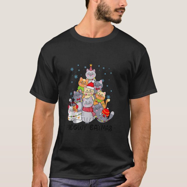 Camiseta Meowy Catmas Árvore de Natal Xmas Meninas Fu (Frente)