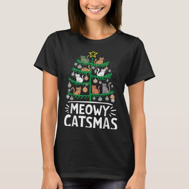 Camiseta Meowy Catmas Árvore de Natal Xmas Papais noeis eng (Frente)