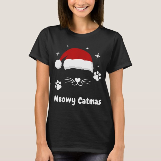 Camiseta Meowy Catmas Cute Kitten Cats Santa Hat Christmas  (Frente)