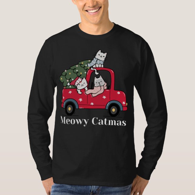 Camiseta Meowy Catmas Engraçado Gato de Natal Red Truck (Frente)