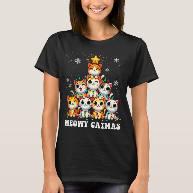 Camiseta Meowy Catmas Funny Christmas Tree Lights Cute Cat  (Frente)