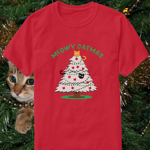 Camiseta Meowy Catmas Gatos Divertidos na Árvore de Natal
