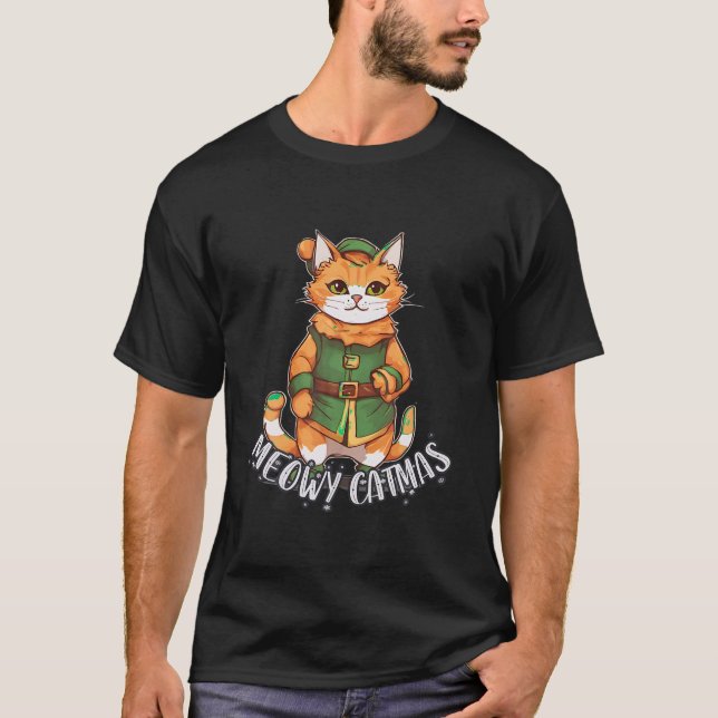 Camiseta Meowy Catmas Ginger Kitten em Elf Costume Mer (Frente)