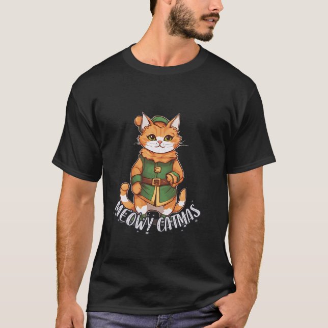 Camiseta Meowy Catmas Ginger Kitten em Elf Costume Mer (Frente)