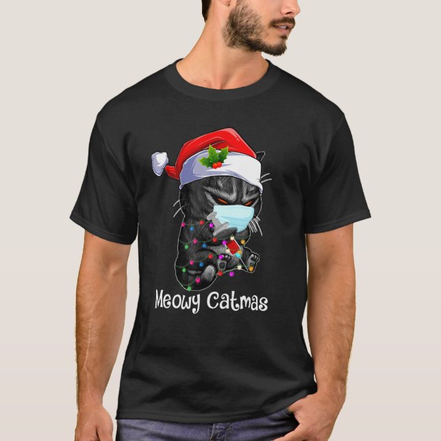 Camiseta Meowy Catmas Vacinados Papais noeis Black Cat Másc (Frente)