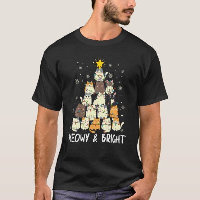 Camiseta Meowy Cats Árvore de Natal Engraçado Pajama Xmas (Frente)