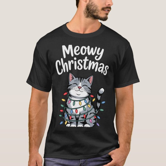 Camiseta Meowy Christmas Cute Gray Tabby Cat Holiday Lights (Frente)