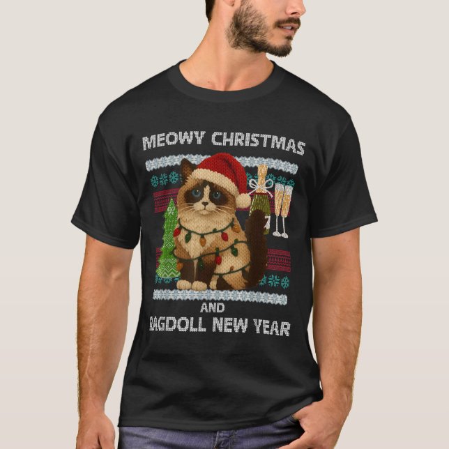Camiseta Meowy Christmas Funny Ragdoll Cat Santa Hat Ugly S (Frente)