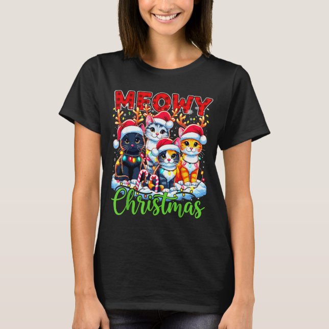 Camiseta Meowy Christmas Reindeer Xmas Lights Santa Cat  (Frente)