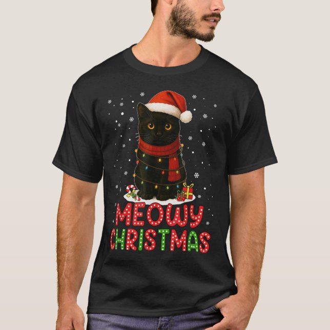 Camiseta Meowy Christmas Santa Hat Funny Black Cat Men Wome (Frente)