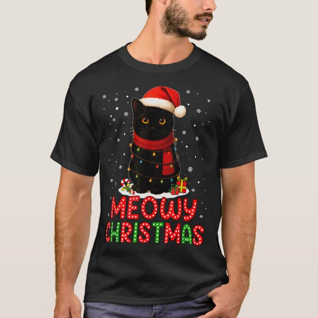 Camiseta Meowy Christmas Santa Hat Funny Black Cat Men Wome (Frente)