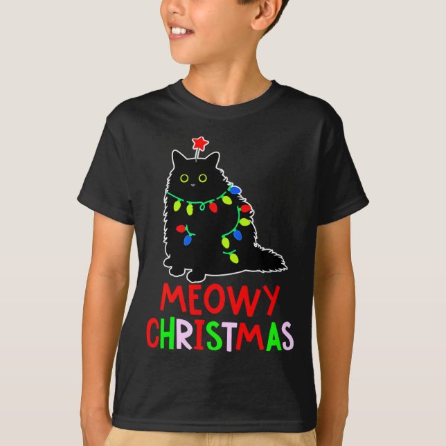 Camiseta Meowy Christmas Xmas Lights Black Cat Pajamas  (Frente)
