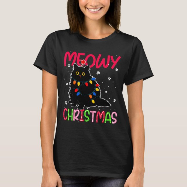 Camiseta Meowy Christmas Xmas Lights Black Cat Pajamas Fami (Frente)