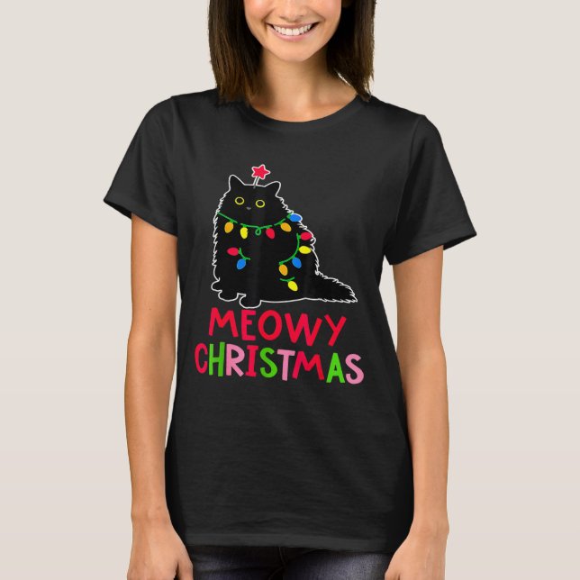 Camiseta Meowy Christmas Xmas Lights Black Cat Pajamas Fami (Frente)
