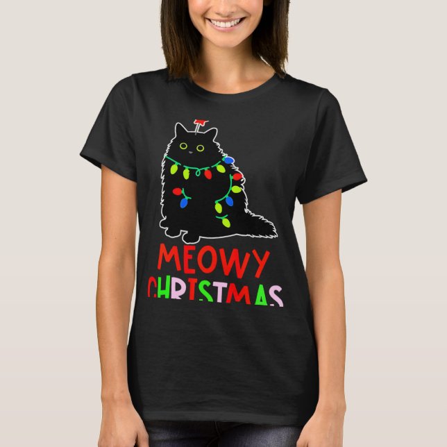 Camiseta Meowy Christmas Xmas Lights Black Cat Pajamas Todd (Frente)