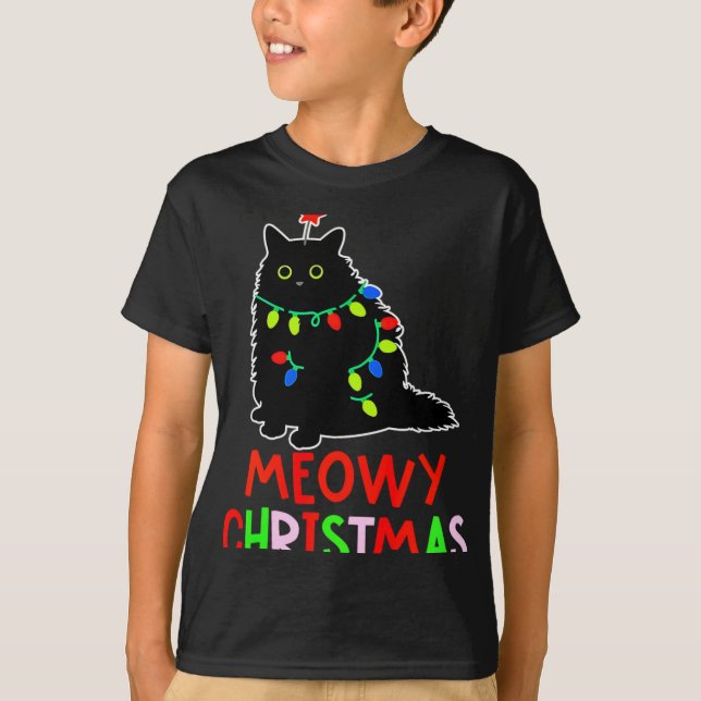 Camiseta Meowy Christmas Xmas Lights Black Cat Pajamas Todd (Frente)