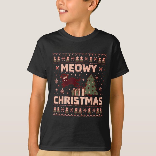Camiseta Meowy Christmas Xmas Tree Cat Ugly Sweater Pajamas (Frente)