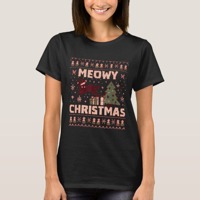 Camiseta Meowy Christmas Xmas Tree Cat Ugly Sweater Pajamas (Frente)
