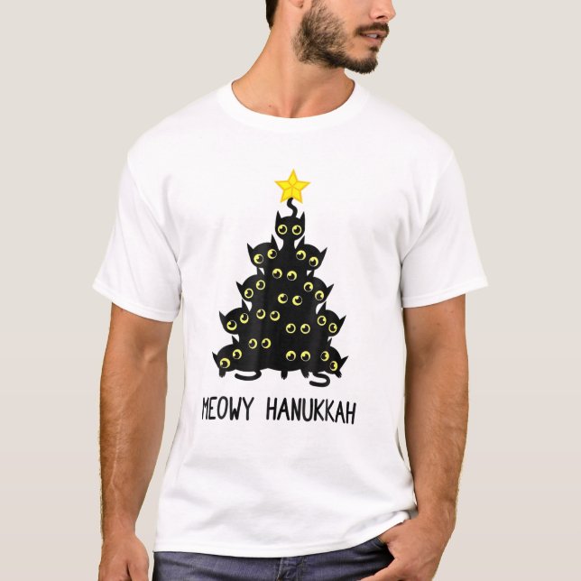 Camiseta Meowy Hanukkah Cat Árvore de Natal Judeu Chanukah (Frente)
