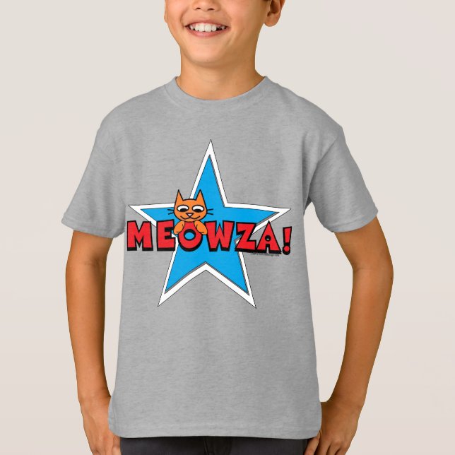 Camiseta MEOWZA! Gato Vermelho e Azul da Criança (Frente)