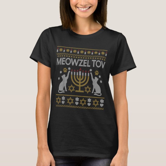 Camiseta Meowzel Tov Cat Hanukkah 2025 Funny Ugly Christmas (Frente)