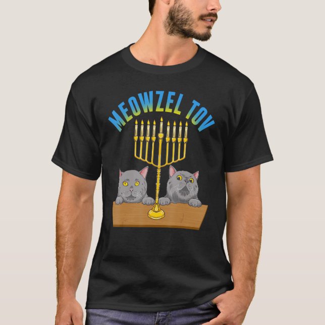 Camiseta Meowzel Tov Cat Judeu Mazel Tov Hanukah Diversão T (Frente)