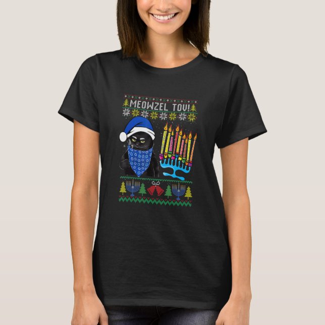 Camiseta Meowzel Tov Ugly Hanukkah Sweater Cat Chanukah Jew (Frente)