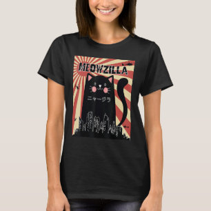 Camiseta Meowzilla Cat Kitten Japonês Sunset Vintage Retr
