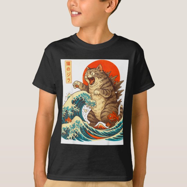 Camiseta Meowzilla Catzilla Cat Japanese Art Funny For Men  (Frente)