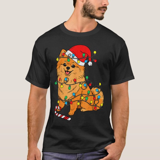 Camiseta Meranian Dog Christmas Lights Santa Xmas Pet Dog L (Frente)