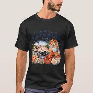 Camiseta Mercado de frutos do mar vintage aquarela C